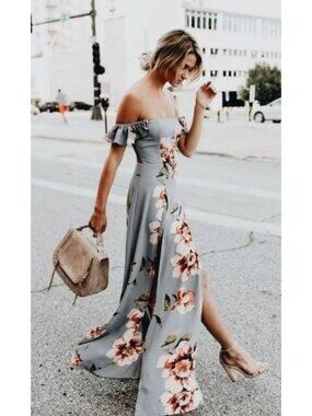 NWT Club L London Light Powder Blue Pink Floral Off Shoulder Slit Maxi Dress